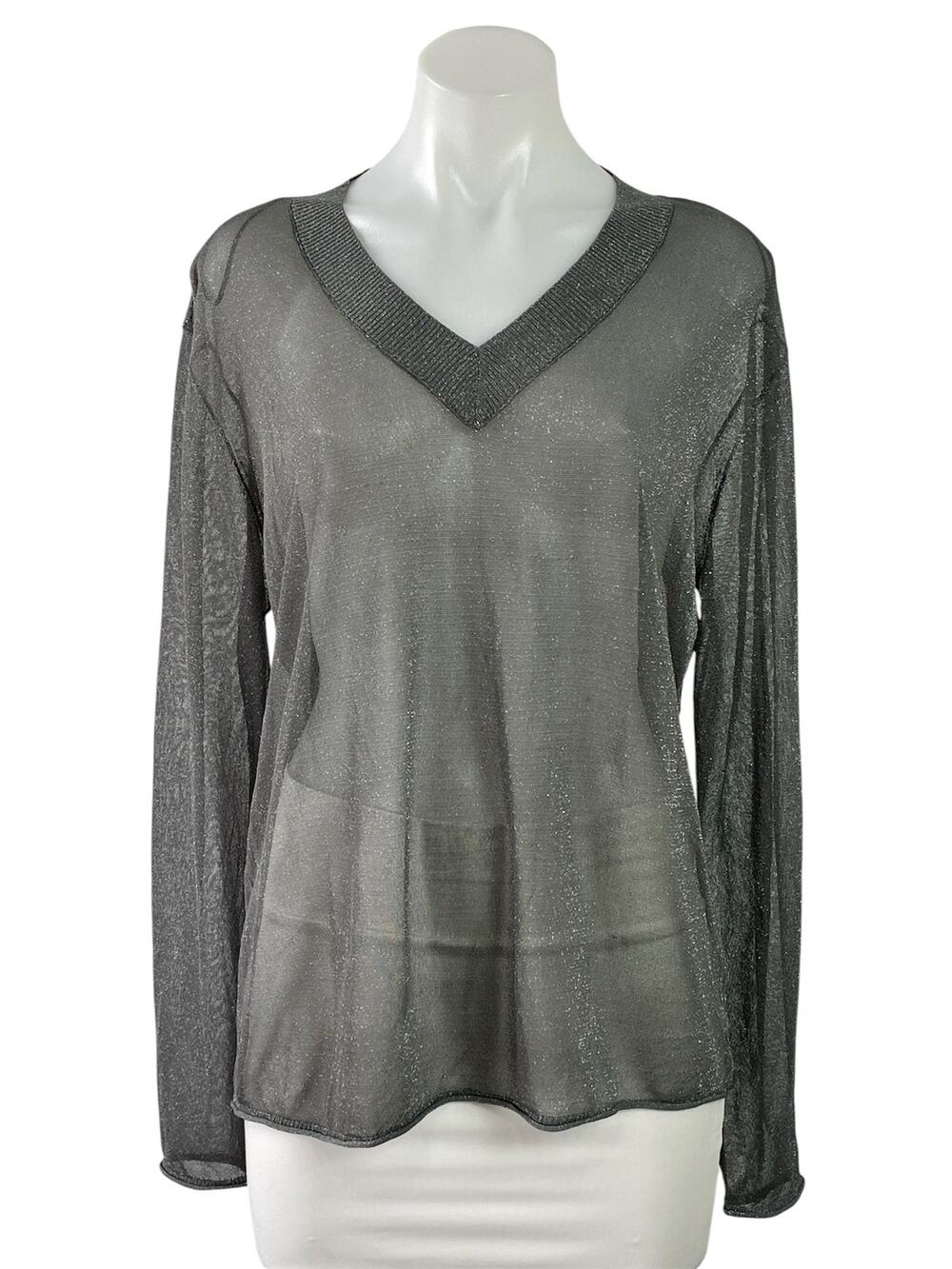 Zara Women's Dark Gray Mesh Sheer Glitter Sparkly V Neck Long Sleeve Knit Top S